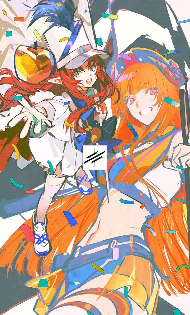 2girls apple arknights bagpipe_(arknights) bagpipe_(queen_no._1)_(arknights) brown_hair confetti crop_top dragon_horns dress dwarf feather_hair_ornament feathers food fruit golden_apple grin hair_ornament hat highres horns huangdanlan long_hair multiple_girls myrtle_(arknights) myrtle_(light_gold_celebration)_(arknights) official_alternate_costume open_mouth orange_hair orange_pants orange_shirt pants reserve_operator_vanguard_(arknights) shirt smile white_background white_dress white_footwear white_hat white_shirt