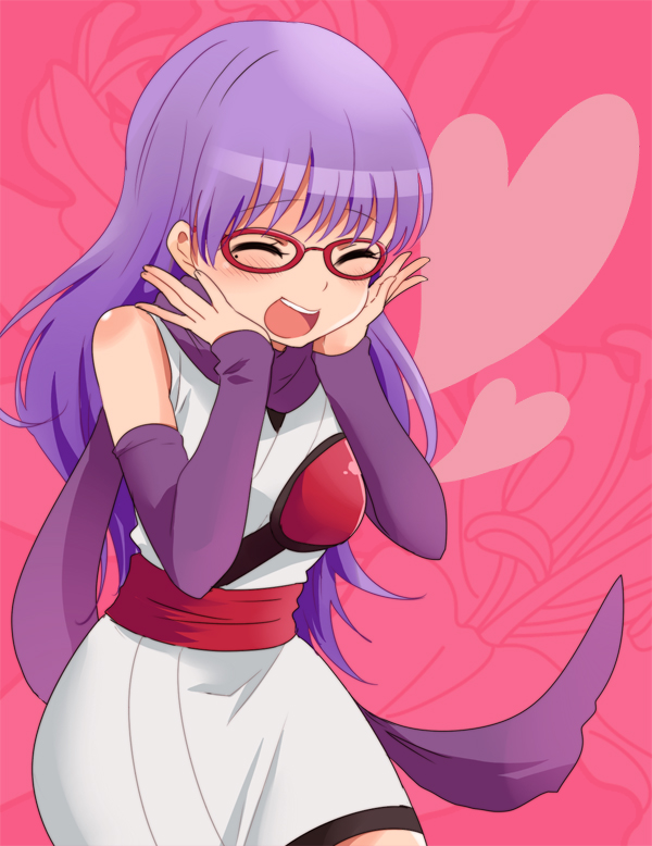 1girl :d arm_warmers blush closed_eyes cowboy_shot female_focus gintama glasses hands_on_own_cheeks hands_on_own_face heart ica long_hair mole mole_under_eye open_mouth purple_hair purple_scarf sarutobi_ayame scarf smile solo