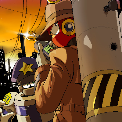 2boys alternate_costume arm_up brown_coat building cellphone coat commentary_request detective dusk fake_man fedora from_behind gloves green_eyes hat helmet humanoid_robot looking_at_another looking_up lowres male_focus mega_man_(classic) mega_man_(series) mega_man_4 mega_man_9 mega_man_megamix multiple_boys napo oekaki outdoors phone police police_hat power_lines profile red_helmet ring_man robot robot_ears screw star_(symbol) transformer trench_coat turning_head utility_pole white_gloves