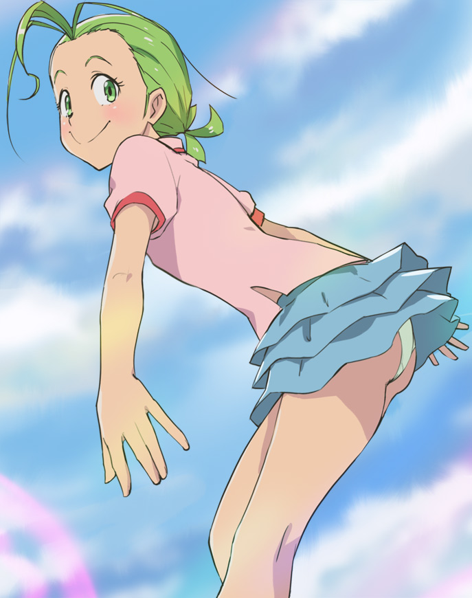 1girl antenna_hair ass blue_skirt cloud day female_focus green_eyes green_hair haruyama_kazunori looking_at_viewer majocco_shimai_no_yoyo_to_nene matching_hair/eyes miniskirt panties pantyshot short_hair short_sleeves skirt sky smile solo underwear upskirt yoyo_(majocco_shimai_no_yoyo_to_nene)