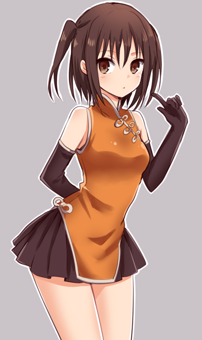 10s 1girl adapted_costume arm_behind_back blouse blush brown_eyes brown_hair china_dress chinese_clothes dress elbow_gloves female_focus gloves ica kantai_collection lolita_fashion looking_at_viewer miniskirt orange_shirt personification qi_lolita sendai_(kancolle) shirt short_hair skirt sleeveless sleeveless_shirt solo twintails two_side_up
