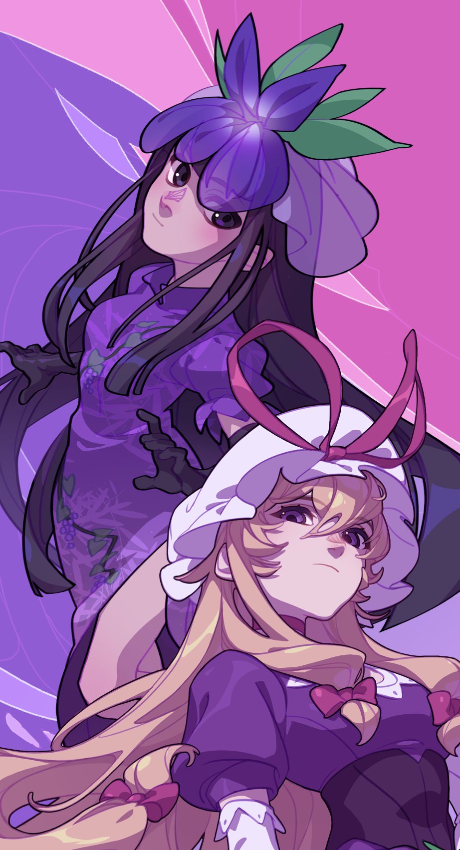 2girls black_gloves black_hair blonde_hair bow chinese_clothes color_wheel_challenge dress elbow_gloves floating_hair flower flower_on_head frown gloves hair_bow hat hat_ribbon highres juliet_sleeves long_hair long_sleeves looking_at_viewer looking_down mob_cap multiple_drawing_challenge multiple_girls puffy_sleeves purple_dress purple_eyes purple_flower purple_theme ribbon short_sleeves soemy touhou two-tone_background upper_body vine_print yakumo_yukari yomotsu_hisami
