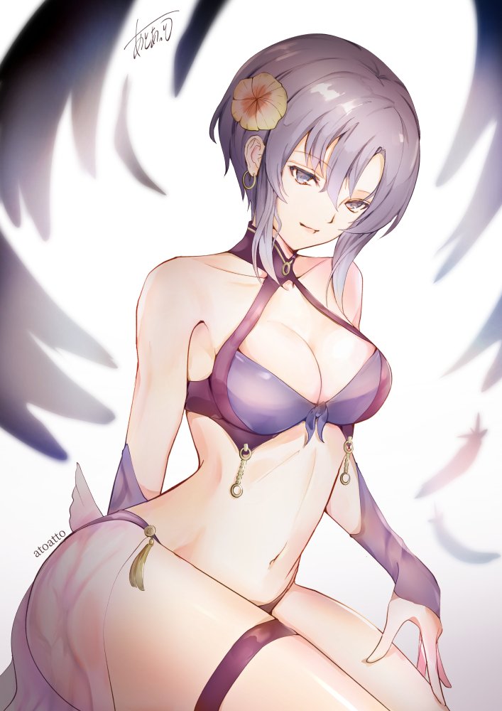 1girl atoatto bikini blue_eyes breasts cleavage earrings female_focus fire_emblem fire_emblem:_the_blazing_blade fire_emblem_heroes flower hair_flower hair_ornament jewelry large_breasts looking_at_viewer matching_hair/eyes navel nintendo purple_eyes purple_hair short_hair smile solo swimsuit thigh_strap ursula_(fire_emblem) ursula_(summer)_(fire_emblem)