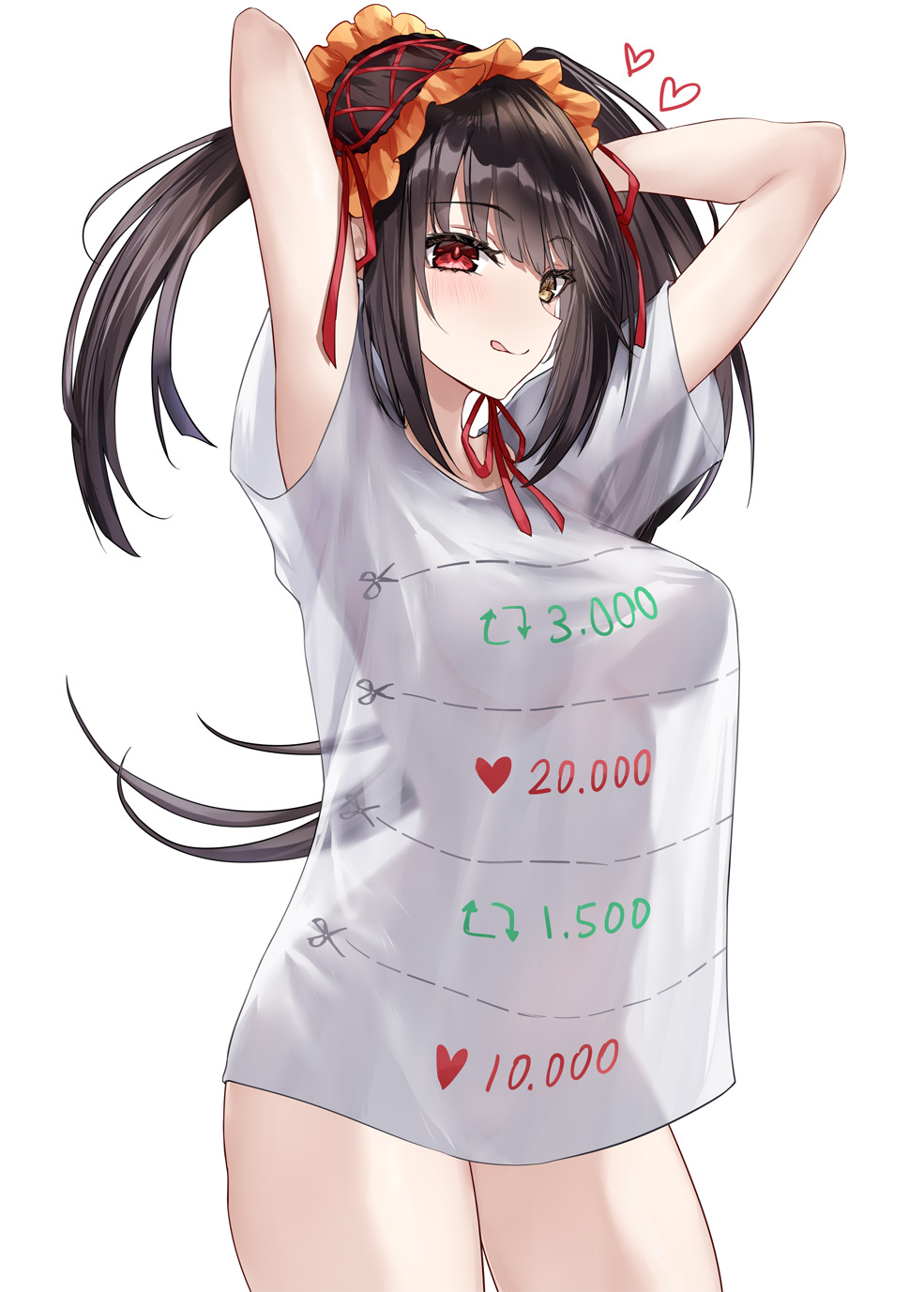 1girl :q arms_up asle black_hair breasts cowboy_shot cut-here_line date_a_live dotted_line frilled_hairband frills hairband heterochromia highres like_and_retweet medium_breasts no_pants red_eyes shirt solo tokisaki_kurumi tongue tongue_out twintails twitter_cutting_game twitter_strip_game white_shirt yellow_eyes