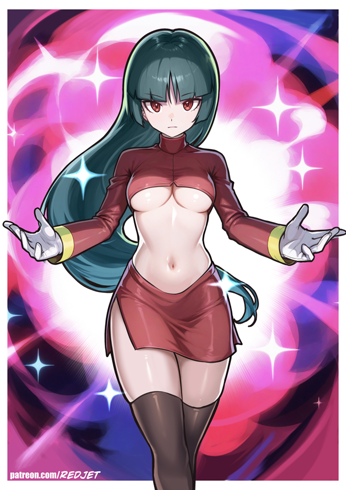 1girl black_hair black_socks breasts card_(medium) card_parody cleavage clothing_cutout commentary cowboy_shot extreme_crop_top gloves leotard long_hair looking_at_viewer medium_breasts navel nintendo outside_border over-kneehighs parody pokemon pokemon_frlg pokemon_tcg pokemon_tcg_pocket red_eyes red_leotard red_skirt redjet sabrina_(pokemon) side_slit skirt socks standing staring thighhighs underboob underboob_cutout very_long_hair white_background white_gloves