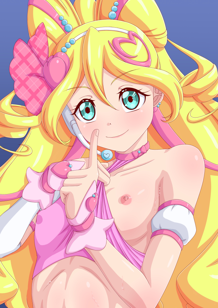 1girl blonde_hair blue_background blue_eyes choker closed_mouth collar cure_idol detached_sleeves fingerless_gloves gloves headset idol kimi_to_idol_precure long_hair looking_at_viewer magical_girl nipples one_breast_out pink_choker pink_gloves pink_sports_bra precure simple_background smile solo sports_bra tenrai_(temple) very_long_hair wavy_hair white_sleeves