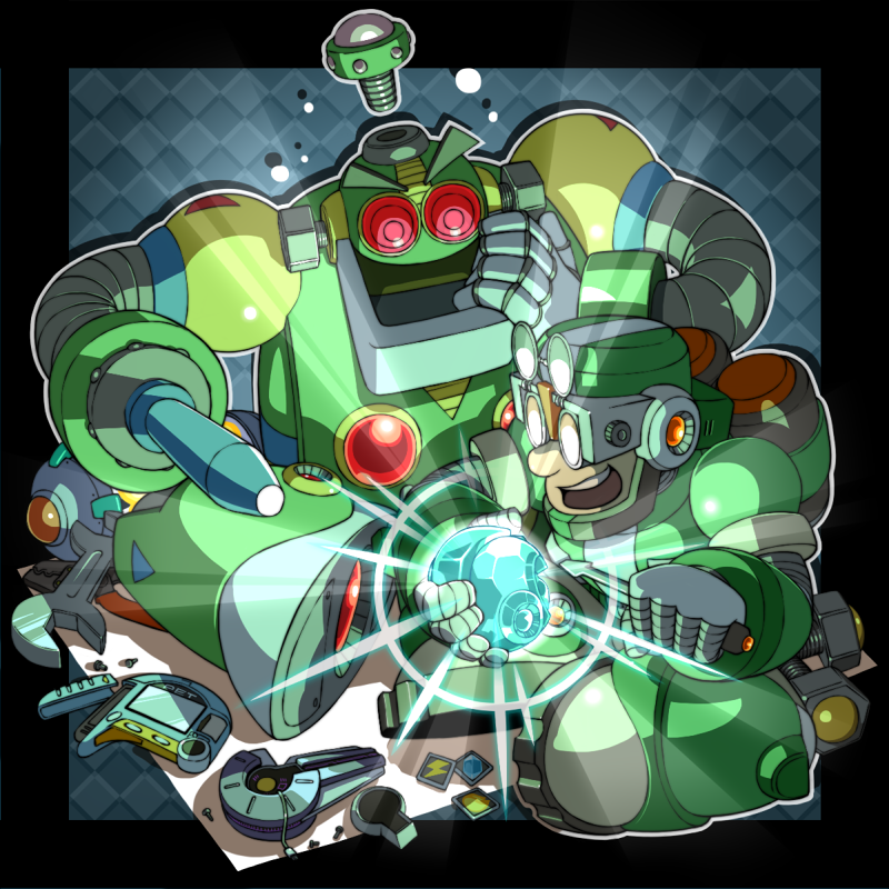 2boys :d android argyle_background argyle_clothes armor auto_(mega_man) battle_chip black_border border capcom commentary commentary_request douglas_(mega_man) english_commentary glowing holding holding_orb holding_screwdriver male_focus mega_man_(classic) mega_man_(series) mega_man_battle_network_(series) mega_man_x_(series) mega_man_zero_(series) mixed-language_commentary multiple_boys napo open_mouth orb personal_terminal robot robot_ears screw screwdriver sitting smile teeth tools trait_connection upper_teeth_only wrench