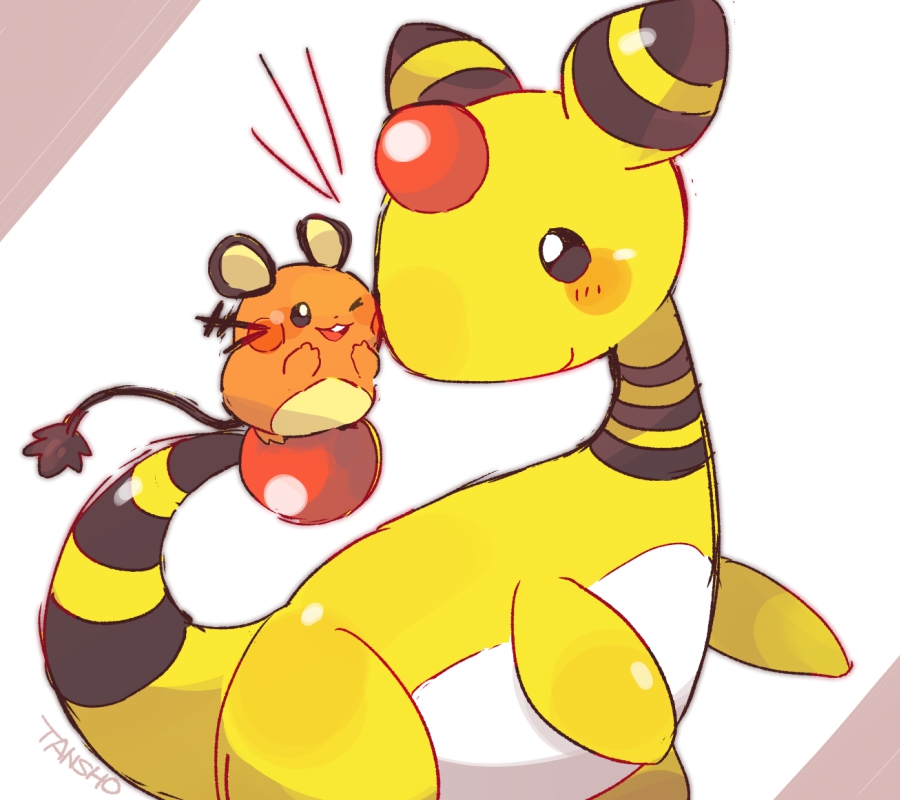 ampharos blush dedenne forehead_jewel gen_2_pokemon gen_6_pokemon mouse_(animal) nintendo no_humans open_mouth pokemon pokemon_(creature) signature smile tail tansho