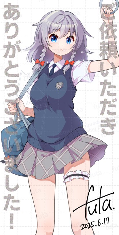 1girl alternate_costume bag blue_eyes blue_necktie blue_sweater bow braid breasts closed_mouth collared_shirt commentary_request commission dated frilled_thigh_strap futa_(nabezoko) grey_hair grey_skirt hair_bow izayoi_sakuya izayoi_sakuya_(elegant_scarlet_devil_student_council_member) long_hair looking_at_viewer necktie plaid_clothes plaid_skirt pleated_skirt red_bow school_uniform shirt short_sleeves shoulder_bag signature skeb_commission skirt solo sweater thigh_strap touhou touhou_lostword translation_request twin_braids watermark watermark_grid white_shirt