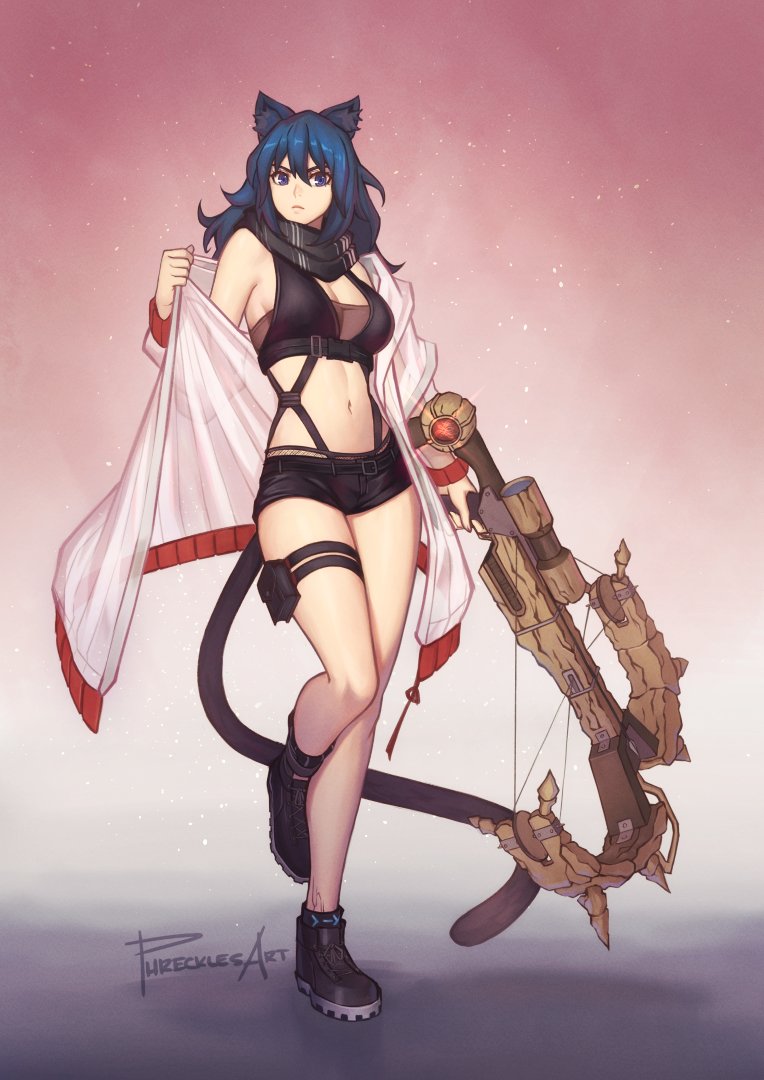 1girl abs animal_ears arknights bare_legs bare_shoulders black_shorts blue_hair boots bow_(weapon) breasts cat_ears cat_tail cleavage commentary commission cosplay crop_top crossbow english_commentary female_byleth_(fire_emblem) female_focus fire_emblem fire_emblem:_three_houses full_body itou_shizuka jacket jake_brito large_breasts midriff navel nintendo off_shoulder phrecklesart pouch scarf schwarz_(arknights) schwarz_(arknights)_(cosplay) short_shorts shorts sleeveless solo standing standing_on_one_leg stomach strap tail thigh_strap thighs twitter_username voice_actor_connection weapon white_jacket