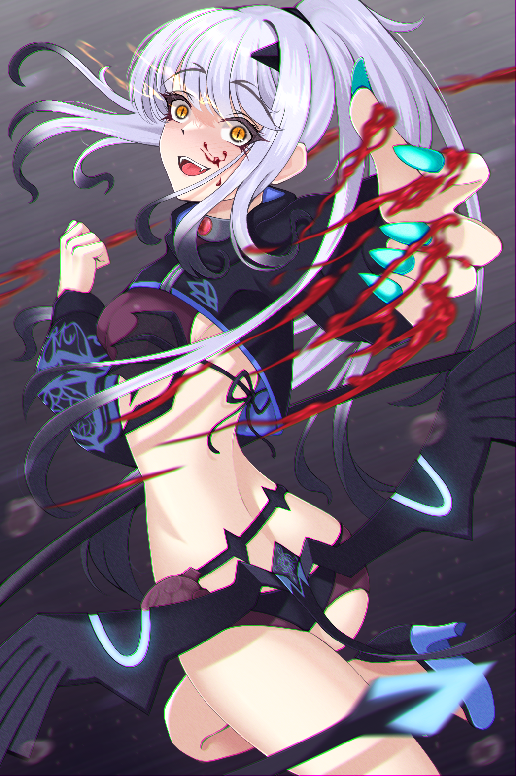 1girl bikini black_bikini blood blood_on_face blood_on_hands blood_splatter breasts cropped_jacket dragon_wings fate/grand_order fate_(series) fingernails forked_eyebrows green_nails grey_background hair_between_eyes hand_up high_ponytail highres long_hair long_sleeves looking_at_viewer mask melusine_(fate) melusine_(swimsuit_ruler)_(fate) melusine_(swimsuit_ruler)_(first_ascension)_(fate) mouth_mask open_mouth outstretched_hand ponytail raji_(largesaint2210) sharp_fingernails small_breasts smile solo stomach_tattoo swimsuit tail tattoo thighs very_long_fingernails white_hair wings yellow_eyes