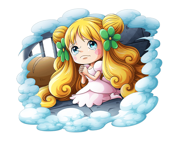 1girl blonde_hair blue_eyes bodskih bread crying curly_hair double_bun dress female_focus flower food hair_bun hair_flower hair_ornament long_hair mansherry_(one_piece) official_art one_piece one_piece_treasure_cruise sitting solo transparent_background