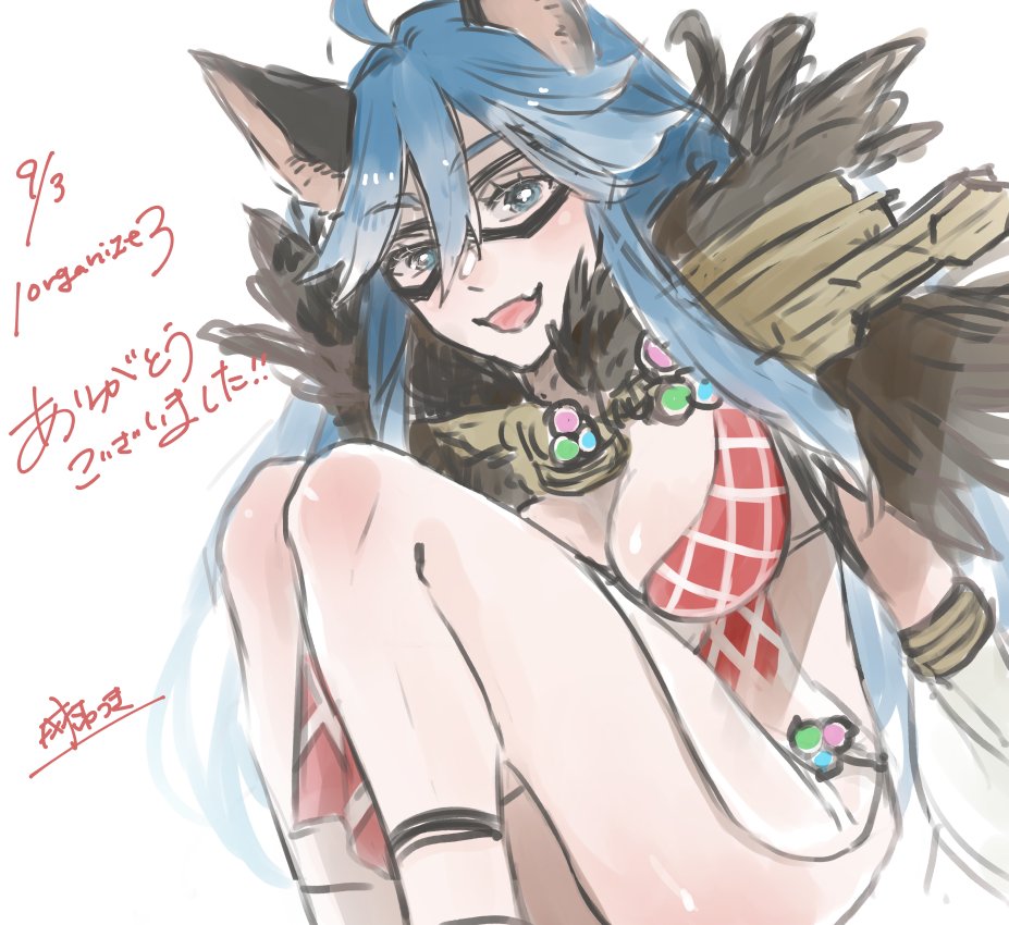 1girl ahoge animal_ears argyle_clothes argyle_dress blue_eyes blue_hair blush breasts cat_ears cat_girl commentary_request dated detached_sleeves dress eye_mask fang feet_out_of_frame fur_collar goinkyo hair_between_eyes large_breasts long_bangs long_hair looking_at_viewer open_mouth ragnarok_online skin_fang smile solo sorcerer_(ragnarok_online) translation_request white_dress white_sleeves yutsuki
