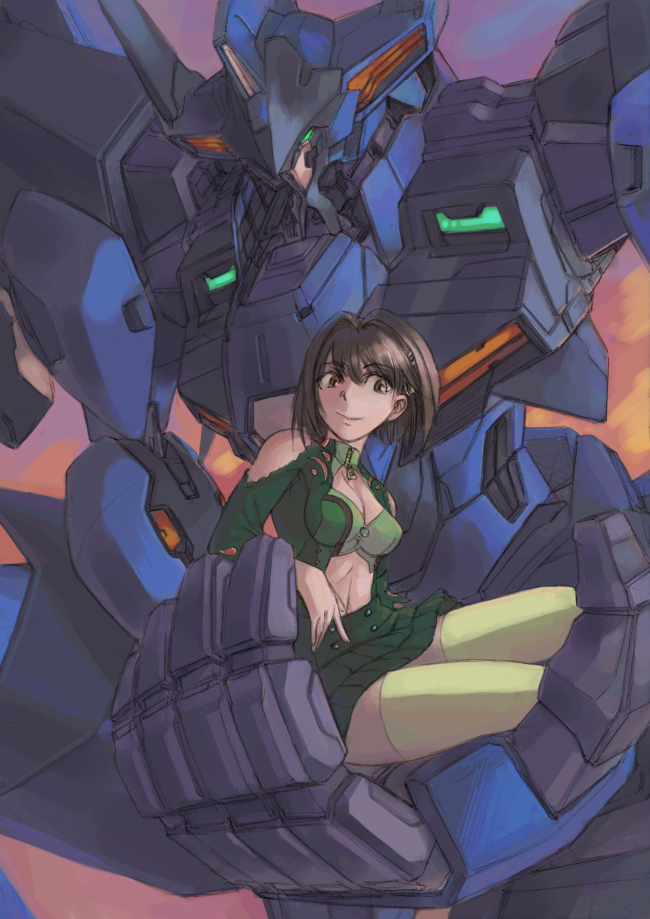 1girl bare_shoulders black_hair breasts brown_eyes cleavage closed_mouth clothing_cutout green_skirt hair_between_eyes hair_intakes katia_grineal mecha medium_breasts miniskirt raftclans robot shoulder_cutout skirt smile super_robot_wars super_robot_wars_judgement thighhighs vaison yellow_thighhighs zettai_ryouiki zipper zipper_pull_tab