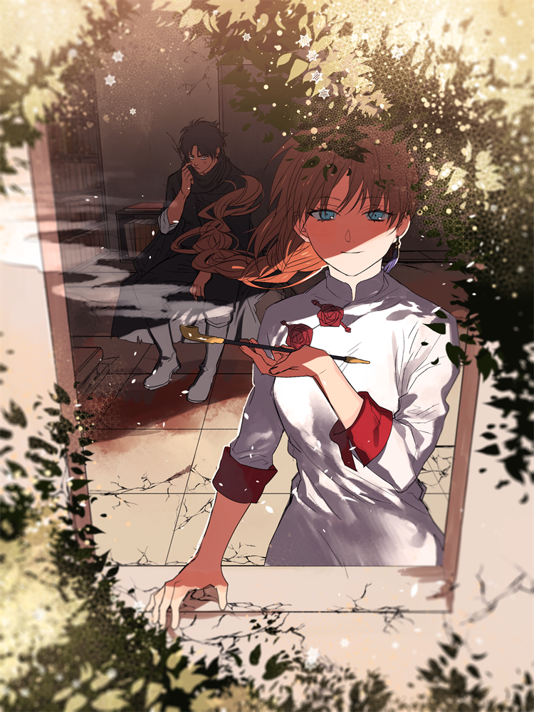 1boy 1girl aged_down blue_eyes blurry braid braided_ponytail crack cracked_floor depth_of_field frown gintama holding holding_smoking_pipe kiseru kouka_(gintama) looking_outside orange_hair plant sennen_suisei shading single_braid sleeves_rolled_up smile smoke smoking_pipe solo_focus umibouzu_(gintama) window windowsill