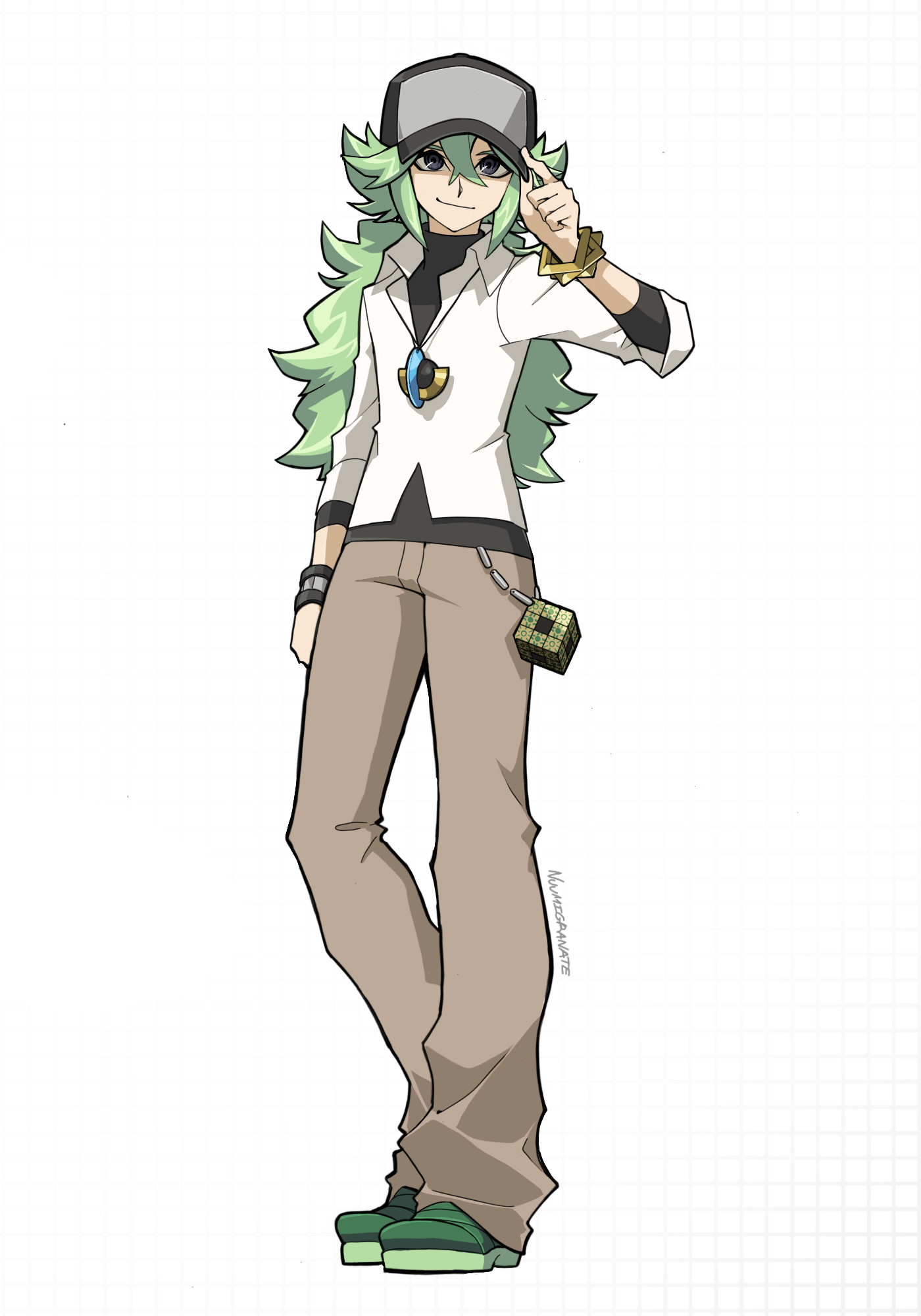 1boy arm_at_side black_hat black_shirt bracelet double-parted_bangs dress_shirt facing_to_the_side full_body gold_bracelet green_eyes green_shoes grey_eyes hand_on_headwear hand_on_own_hat hand_up hat highres jewelry khaki_pants long_bangs looking_at_viewer male_focus n_(pokemon) necklace nintendo nuumigranate parody partially_unbuttoned pokemon pokemon_bw ponytail rubik's_cube shirt shirt_under_shirt shoes sleeves_rolled_up style_parody untucked_shirt wallet_chain white_background