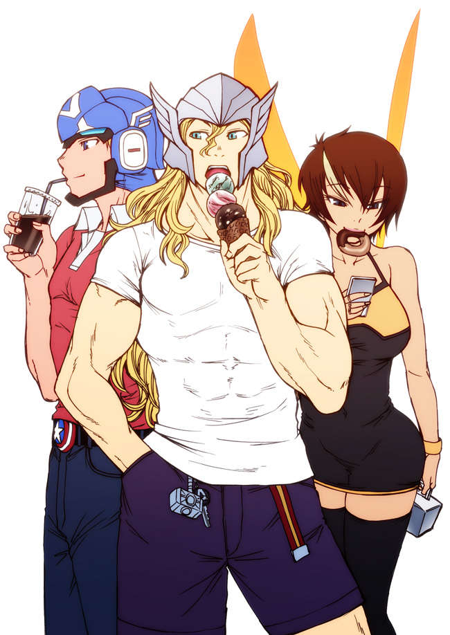 1girl 2boys black_eyes black_thighhighs bracelet brown_hair captain_america cellphone cowboy_shot disk_wars_avengers donut dress drinking eating food hammer helmet ice_cream insect_wings janet_van_dyne jewelry legs_together lipstick makeup marvel mouth_hold multiple_boys phone ring short_hair simple_background smartphone standing steve_rogers thighhighs thor_(marvel) wasp_(marvel) white_background wings zettai_ryouiki