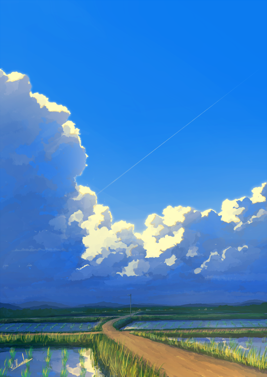 alu.m_(alpcmas) blue_sky cloud cloudy_sky contrail dirt_road evening highres no_humans original outdoors rice_paddy road rural scenery signature sky water