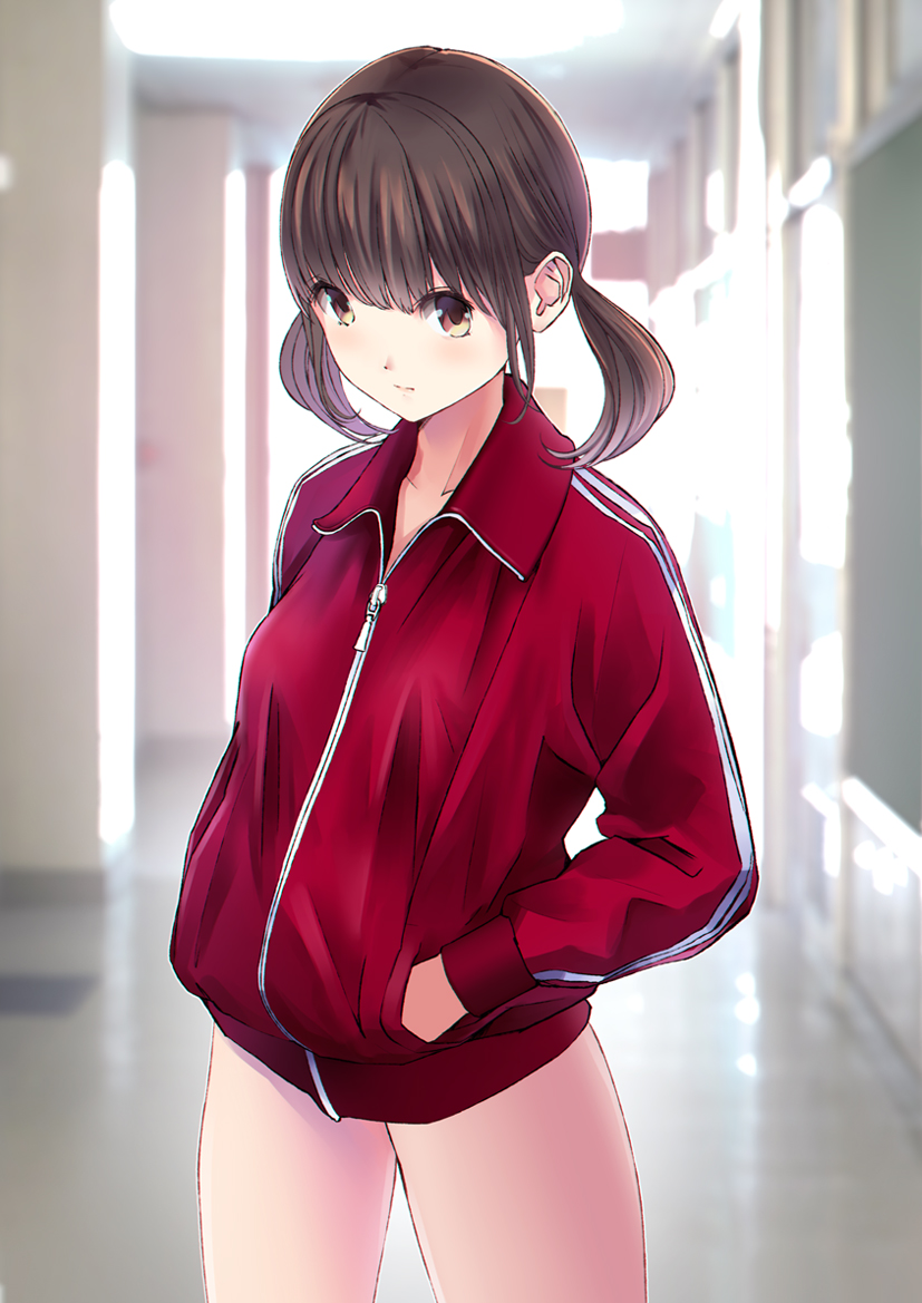 1girl bad_id bad_nicoseiga_id bottomless brown_eyes brown_hair chikuwa_(glossymmmk) chikuwa_(odennabe) female_focus gym_uniform hands_in_pockets jacket looking_at_viewer naked_jacket short_twintails solo thighs track_jacket twintails