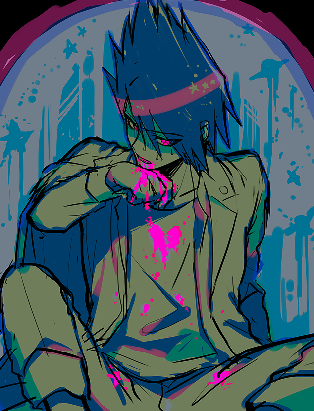 1boy blood blood_on_clothes blood_on_face danganronpa_(series) danganronpa_v3:_killing_harmony facial_hair goatee hair_between_eyes heart itsuki_(nightlight) jacket long_sleeves looking_at_viewer male_focus momota_kaito pants pink_blood pink_eyes shaded_face shirt sitting sketch solo spiked_hair spread_legs star_(symbol) sweat