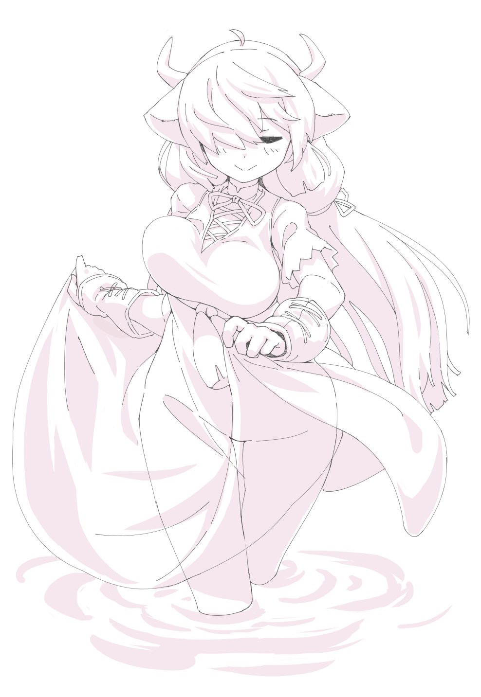 1girl animal_ears blush breasts closed_eyes dress extra_ears gloves greyscale hair_over_one_eye highres horns kemono_friends kemono_friends_3 long_hair lowlandgorilla monochrome ox_ears ox_girl ox_horns ox_tail partially_submerged ribbon shirt short_sleeves skirt_hold smile solo tail twintails wading yak_(kemono_friends)