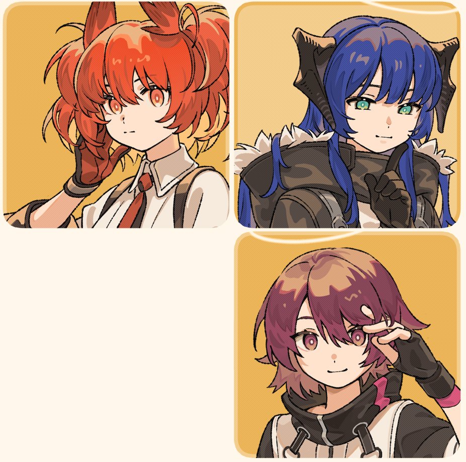3girls arknights arm_up black_gloves black_horns blue_hair bright_pupils closed_mouth exusiai_(arknights) favilia fiammetta_(arknights) fingerless_gloves gloves green_eyes group_picture hair_between_eyes hashtag-only_commentary horns light_smile long_hair looking_at_viewer mostima_(arknights) multiple_girls orange_eyes orange_gloves orange_hair pink_eyes pink_hair short_hair smile split_mouth upper_body white_pupils