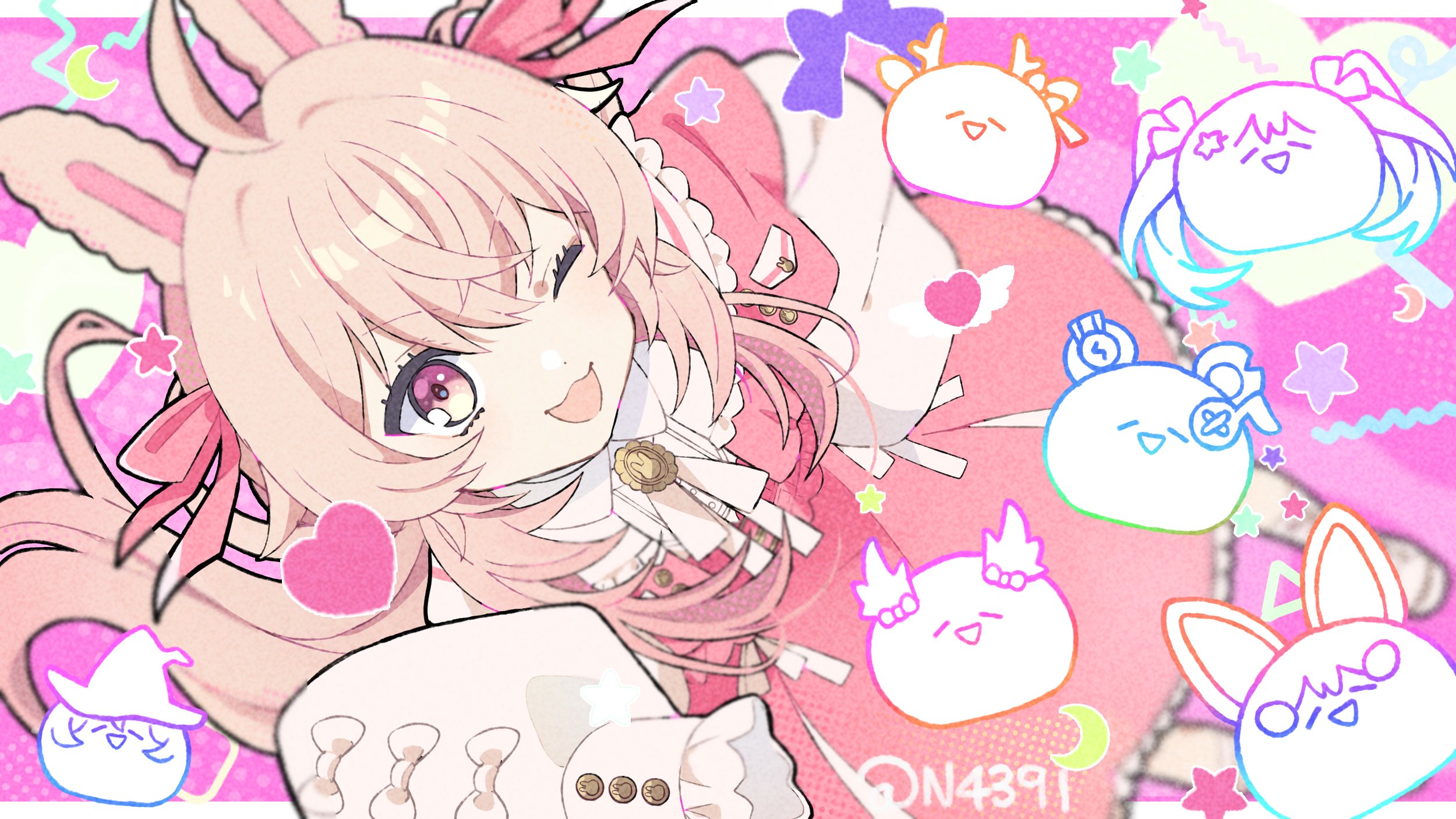 1girl ahoge animal_ears bow brooch crescent dress hair_ribbon heart highres jewelry long_hair n4391 one_eye_closed open_mouth phase_connect pink_dress pink_ribbon pipkin_pippa pipkin_pippa_(shipkin_shippa) purple_eyes rabbit_ears rabbit_girl ribbon shirt star_(symbol) twitter_username virtual_youtuber white_bow white_shirt
