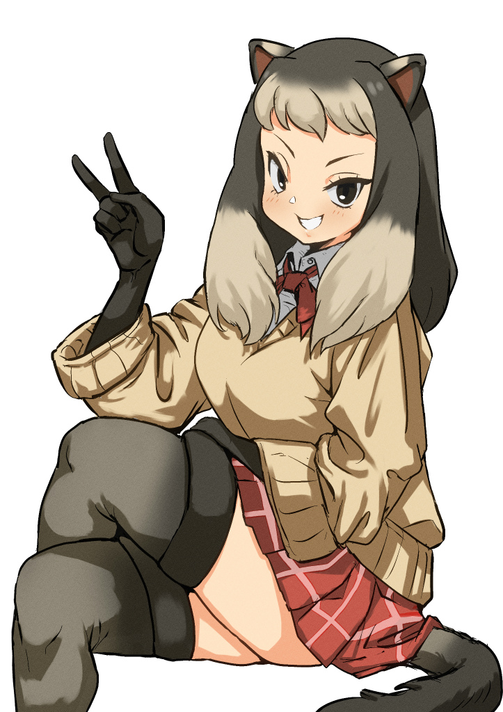 1girl alpine_marmot_(kemono_friends) animal_ears black_eyes black_hair bow bowtie collared_shirt crossed_legs gloves grey_hair grin hand_rest hand_up hatch_(hatch_box) kemono_friends long_hair long_sleeves looking_at_viewer miniskirt multicolored_hair plaid_clothes plaid_skirt shirt simple_background sitting skirt smile solo sweater tail thighhighs two-tone_hair undershirt v white_background wing_collar zettai_ryouiki