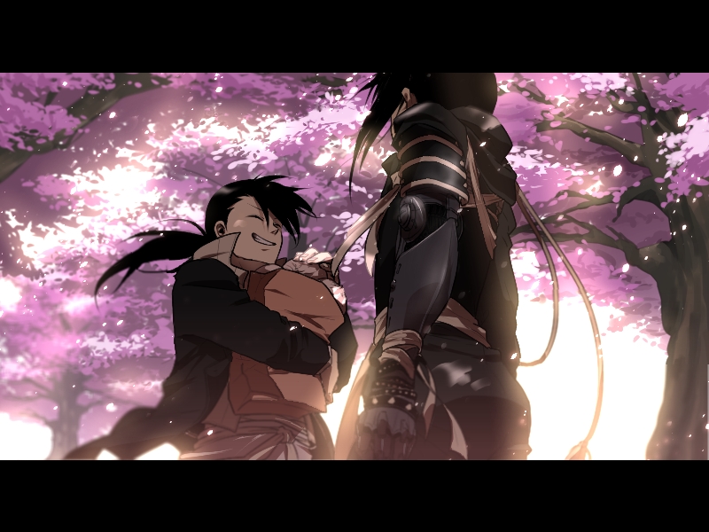 1boy 1girl ^_^ armor automail bag black_hair blurry cherry_blossoms closed_eyes coat day depth_of_field facing_away floating_hair fullmetal_alchemist grin hand_up holding holding_bag lan_fan letterboxed ling_yao long_hair long_sleeves mechanical_arms nature outdoors paper_bag petals po_(poppa-pict) popped_collar sash single_mechanical_arm smile tree updo