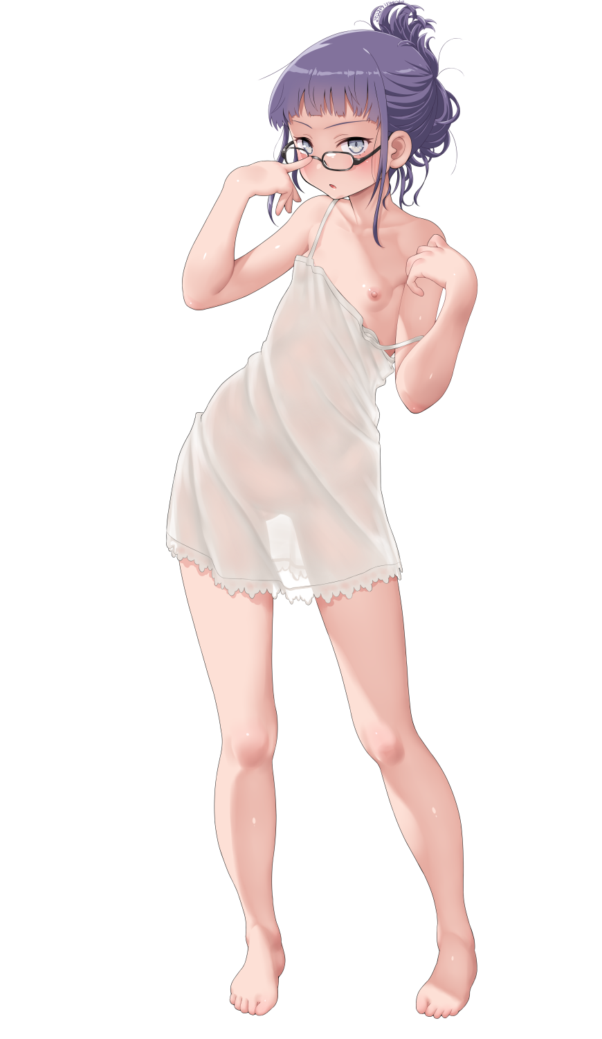 1girl adjusting_eyewear barefoot blush breasts dd_(ijigendd) full_body glasses hair_up highres looking_at_viewer nightgown nipples original parted_lips purple_hair see-through_silhouette simple_background small_breasts solo strap_slip toes white_background white_eyes