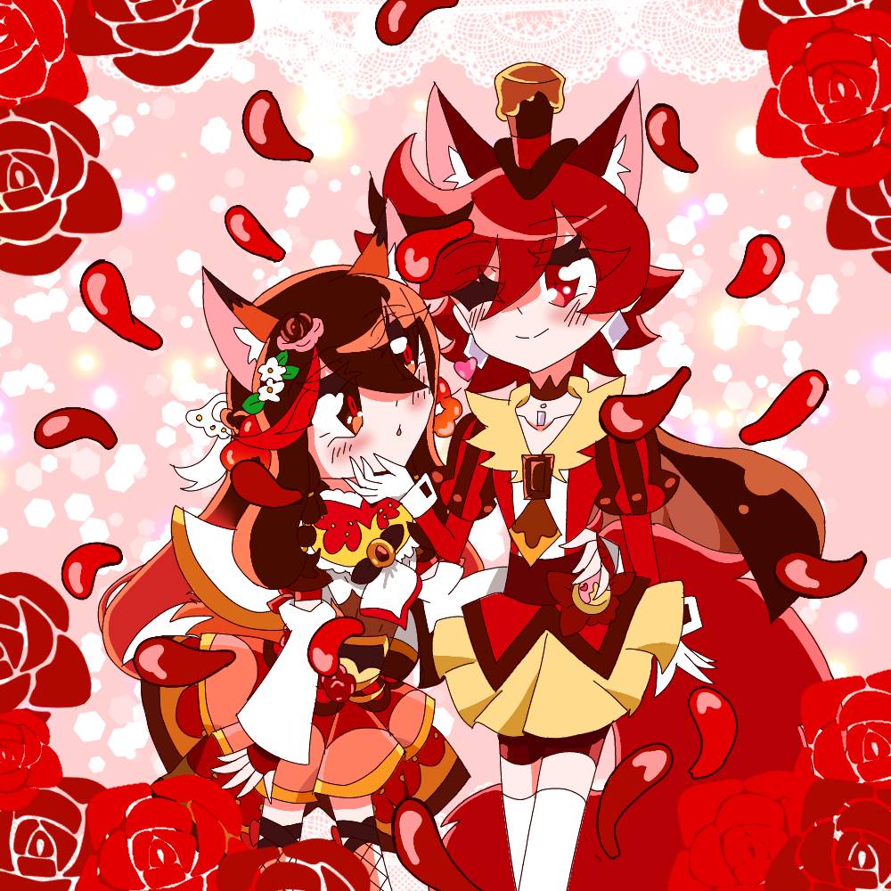 2girls a_la_mode_mahou_shoujo_precure_evoluting animal_ear_fluff animal_ears arm_ribbon ascot belt bike_shorts_under_skirt black_belt black_ribbon blowing_kiss bodysuit braid braided_hair_rings brown_bodysuit brown_cape brown_eyes brown_hair cape capelet color_connection crimson_fingerless_gloves cure_chocolat cure_fondente dark_chocolate dog_ears dog_girl dog_tail earrings ery2010akieri falling_petals fishnet_thighhighs fishnets flower fox_ears fox_girl gloves hair_rings hat jewelry kedakakino_erika kenjou_akira kirakira_precure_a_la_mode mini_hat multiple_girls petals precure red_background red_flower red_rose ribbon rose rose_petals tail thighhighs top_hat white_ascot white_gloves white_thighhighs wrist_cuffs yellow_ascot yuri zettai_ryouiki
