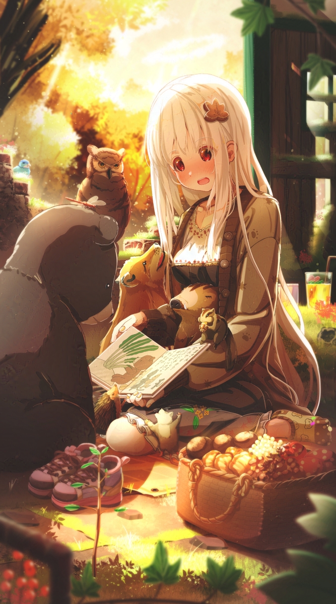 1girl aiuabo animal_print autumn basket bear bear_print bird blue_skirt blush book brown_cardigan brown_socks cardigan chipmunk collarbone commentary_request cup drink drinking_glass drinking_straw floral_print frilled_skirt frills hair_ornament hedgehog highres holding holding_book leaf_hair_ornament leaf_print light_particles long_hair long_skirt long_sleeves nail_polish no_shoes open_book open_cardigan open_clothes open_mouth original outdoors owl paw_print paw_print_pattern polka_dot_socks print_cardigan print_shirt print_skirt print_socks red_eyes shirt shoes sitting skirt socks solo squirrel teeth tree unworn_shoes upper_teeth_only white_hair white_shirt yellow_nails