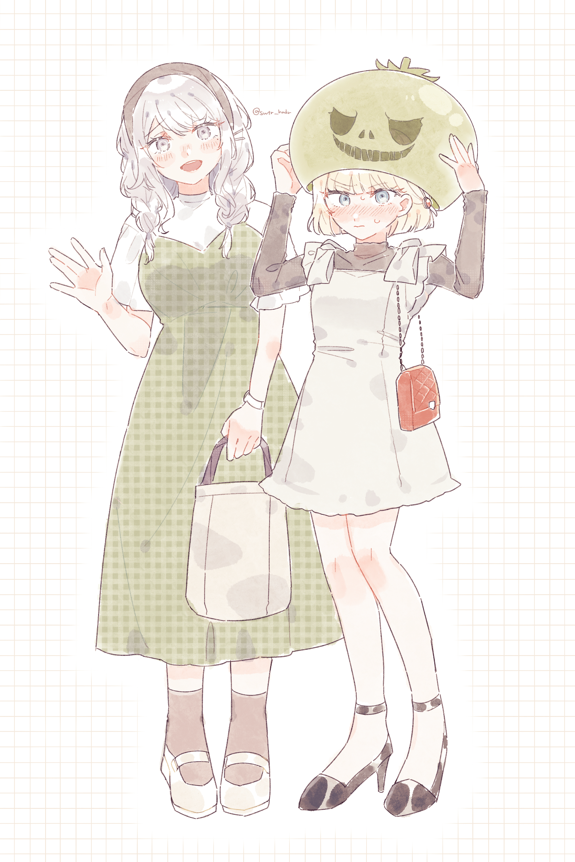 2girls \||/ absurdres arms_up bag black_shirt blonde_hair blush braid dress full_body green_dress grey_eyes grid_background hair_ornament hairband hand_up handbag hands_up high_heels highres holding holding_mask kirifuji_nozomi long_hair looking_at_viewer mask multiple_girls no_mask nose_blush oosuzuki_kurara red_bag revision shirt short_hair simple_background swtr_hndr the_hundred_line_-last_defense_academy- tomato twin_braids twitter_username unworn_mask waving white_background white_bag white_dress white_hair