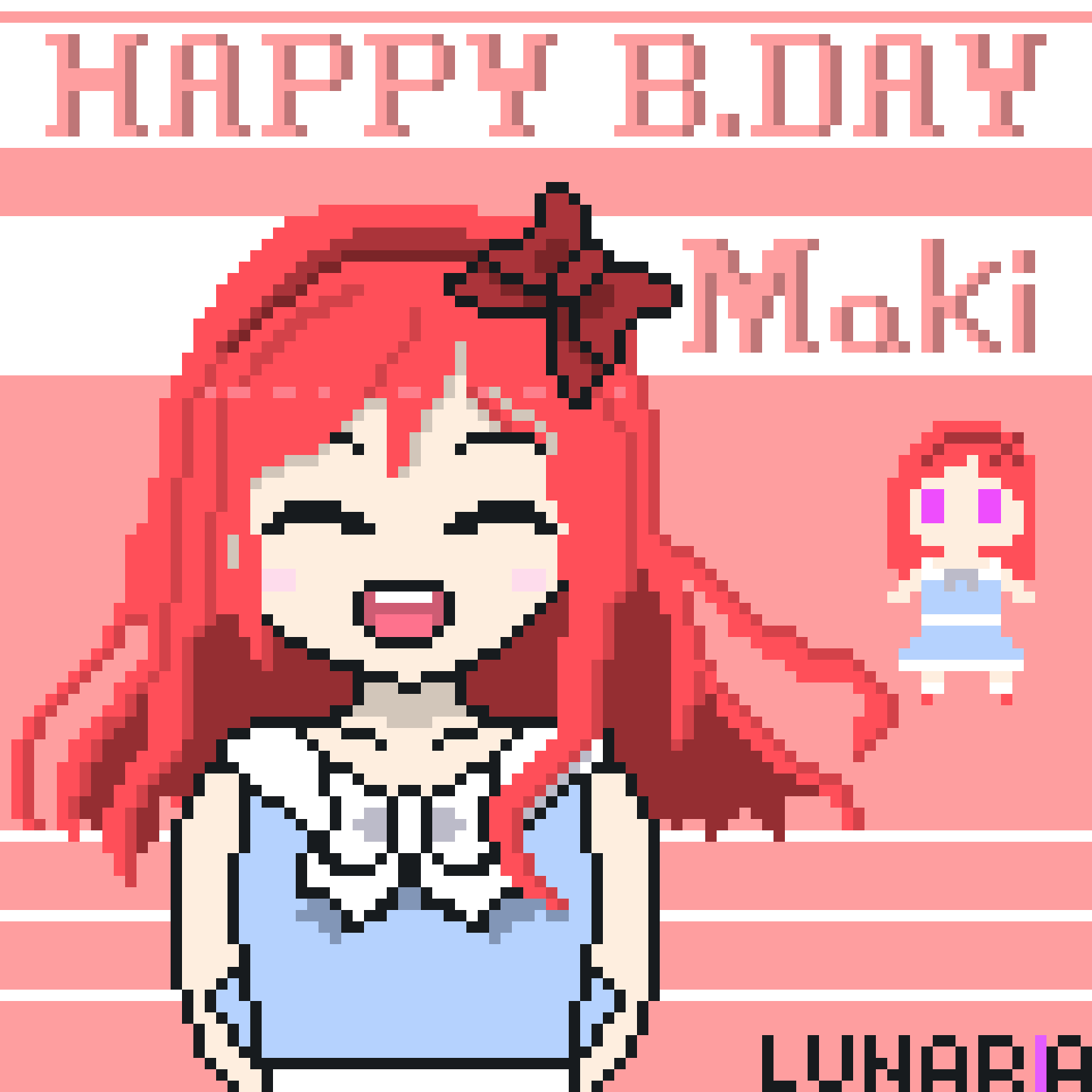 1girl 8-bit aqua_skirt arms_behind_back artist_name artist_request blush bow breasts chibi dual_persona closed_eyes female_focus full_body hair_between_eyes hair_bow hairband highres looking_at_viewer love_live! love_live!_school_idol_project nishikino_maki parted_lips purple_eyes red_bow red_footwear red_hair red_hairband sailor_collar short_hair skirt small_breasts smile solo upper_body white_sailor_collar