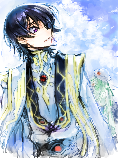 black_hair c.c. c_(rahit) code_geass green_hair hat lelouch_vi_britannia long_hair purple_eyes rahit