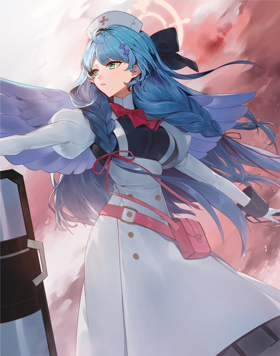 1girl angel_wings blue_archive blue_hair braid dress gloves green_eyes hat highres jam_(nandade) juliet_sleeves long_dress long_hair long_sleeves mine_(blue_archive) nurse_cap pointy_ears puffy_sleeves shield twin_braids white_dress white_gloves wings