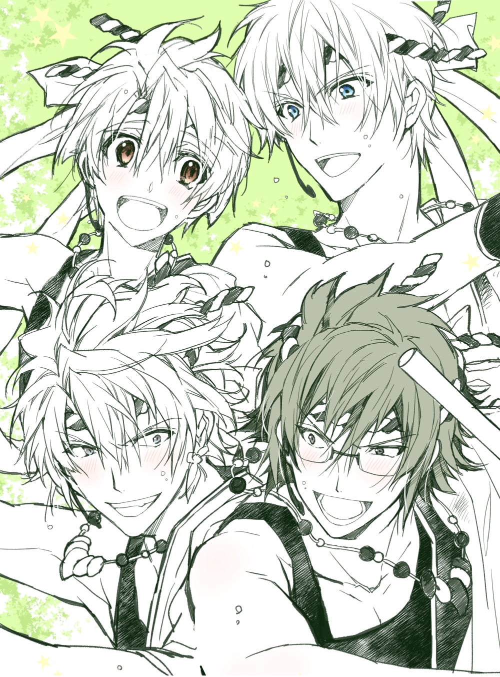 4boys bare_arms bead_necklace beads blue_eyes blush bow brown_eyes collarbone eyelashes fang glasses green_background green_hair green_theme hachimaki hair_between_eyes hair_bow hammer hand_in_own_hair happy headband highres holding holding_hammer idol idolish7 izumi_mitsuki jewelry lower_teeth_only magatama magatama_necklace male_focus monochrome multiple_boys necklace nikaido_yamato open_mouth pectoral_cleavage pectorals rokuya_nagi short_hair single_bare_shoulder smile spot_color striped_headband tanemura_arina tank_top tareme teeth toned toned_male two-tone_headband upper_body upper_teeth_only v-shaped_eyebrows yaotome_gaku