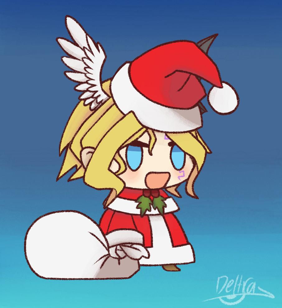 1boy blonde_hair blue_eyes christmas digimon digimon_(creature) happy lucemon_falldown_mode male_focus meme smile solo