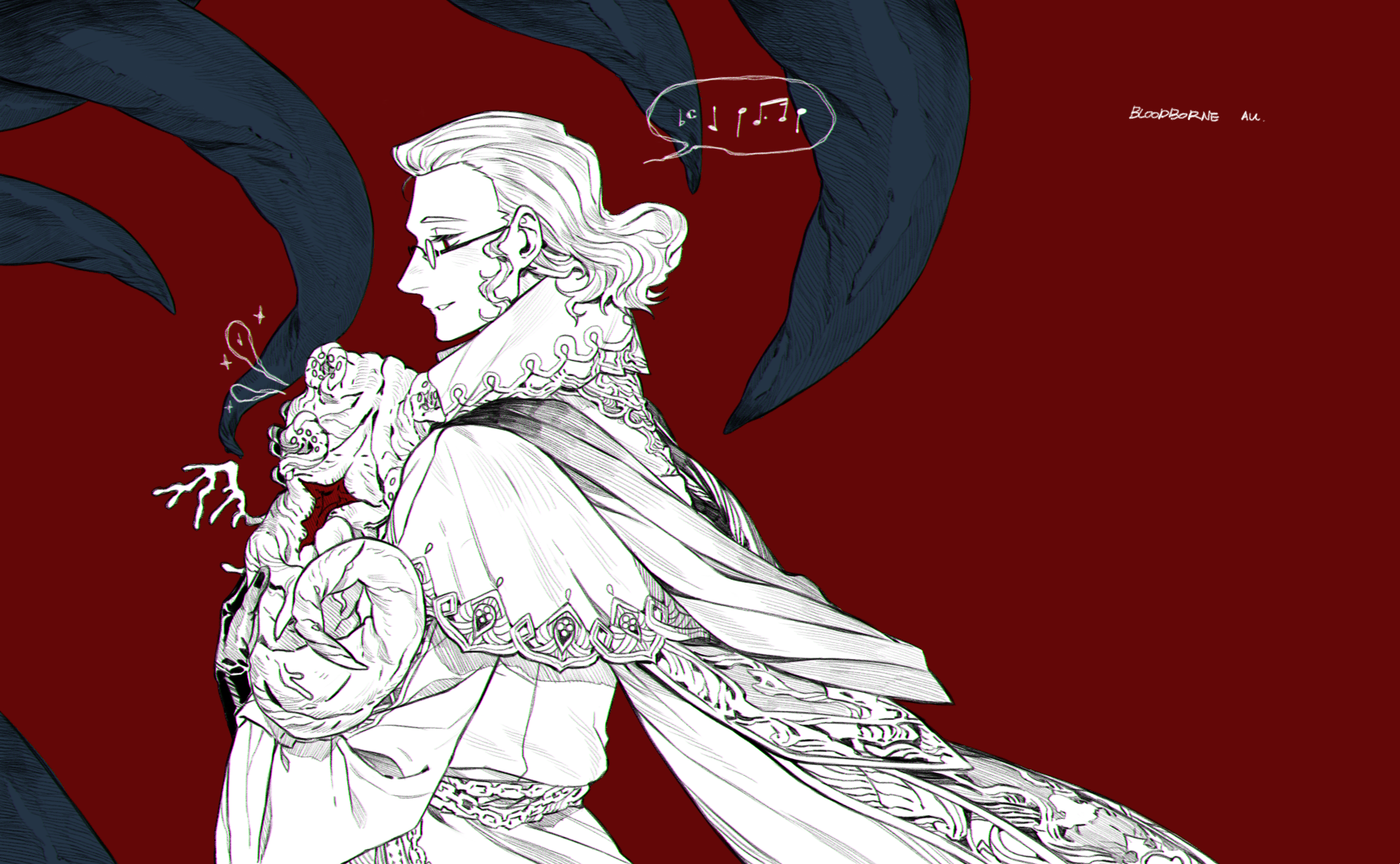 1boy bloodborne capelet celestial_child classicaloid crossover franz_schubert_(classicaloid) from_side glasses gloves greyscale_with_colored_background highres holding male_focus music musical_note red_background robe sf_jd short_hair simple_background singing solo spoken_musical_note upper_body