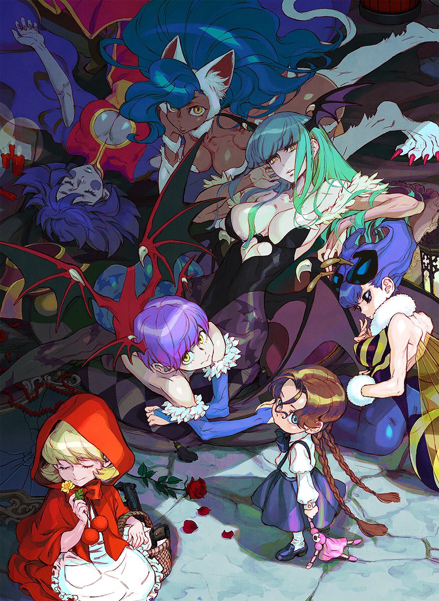 6+girls animal_ears anita_(darkstalkers) arthropod_girl bat_wings blonde_hair blue_eyes blue_hair body_fur breasts brown_hair b.b._hood candle capcom cat_ears cat_girl closed_eyes demon_girl felicia_(darkstalkers) green_hair gun highres jiangshi lantern leggings hsien-ko lilith_(darkstalkers) long_hair looking_at_viewer lying monster_girl morrigan_aensland multiple_girls nishimura_kinu official_art on_stomach pantyhose purple_hair q-bee short_hair tan_skirt darkstalkers weapon wings yellow_eyes