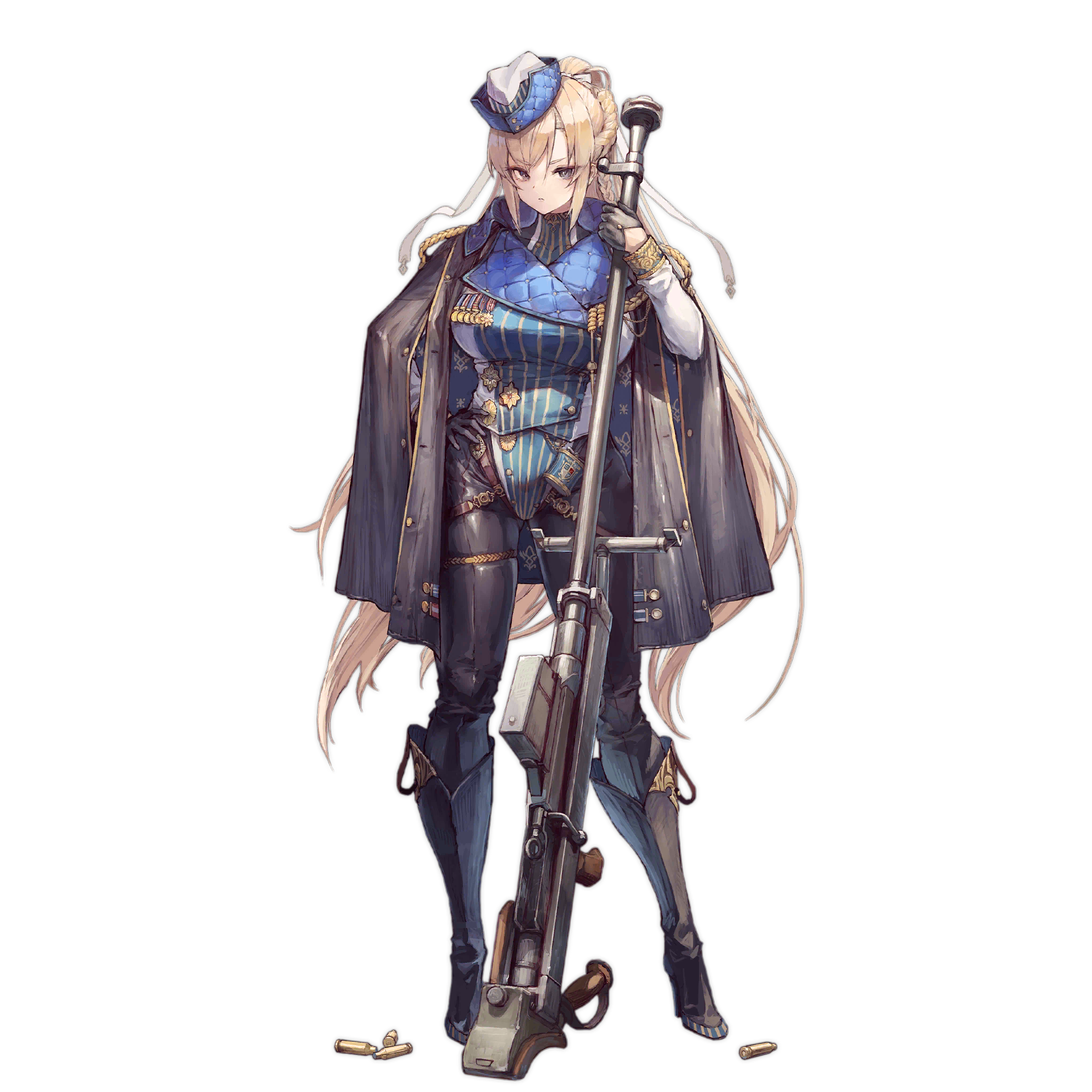 .55_boys 1girl ammunition anti-materiel_cartridge anti-materiel_rifle anti-tank_cartridge black_boots black_eyes black_gloves black_jacket black_pants blonde_hair blue_hat boots boys_(girls'_frontline) boys_anti_tank_rifle braid closed_mouth french_braid full_body girls'_frontline gloves gun half_gloves hand_on_own_hip hat highres holding holding_gun holding_weapon jacket jacket_on_shoulders knee_boots leotard long_hair long_sleeves looking_at_viewer medal multicolored_hat multicolored_leotard official_art pants rifle rifle_cartridge shell_casing simple_background sniper_rifle solo standing striped_clothes striped_leotard suzuno_(bookshelf) third-party_source transparent_background vertical-striped_clothes vertical-striped_leotard very_long_hair weapon white_hat white_leotard