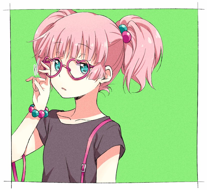 1girl aqua_eyes bespectacled black_shirt casual collarbone female_focus glasses green_background hair_bobbles hair_ornament heart heart-shaped_eyewear multicolored_hair_bobbles namori pink_hair shikou_sakugo_(qqap9gt9k) shirt simple_background solo t-shirt twintails yoshikawa_chinatsu yuruyuri