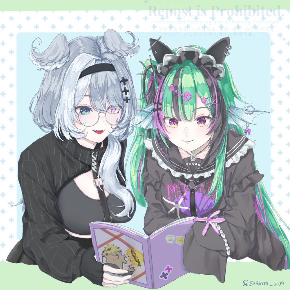 2boys 2girls aqua_eyes artist_name black_hair book breasts chest_harness commentary cross-shaped_pupils earrings elira_pendora elira_pendora_(goth) english_commentary fangs finana_ryugu finana_ryugu_(jirai_kei) fingerless_gloves fins fish_skeleton_hair_ornament fujoshi glasses gloves green_hair grey_hair harness head_fins head_wings heterochromia holding holding_book jewelry large_breasts lazulight long_hair long_sleeves maid_headdress meme multicolored_hair multiple_boys multiple_girls nijisanji nijisanji_en pornography purple_eyes purple_hair reading_together sashim_a09 scales side_ponytail sleeves_past_fingers sleeves_past_wrists smile streaked_hair symbol-shaped_pupils twitter_username vantacrow_bringer virtual_youtuber wings yaoi_(object) yoshi_and_toad_kissing_(meme) yu_q._wilson