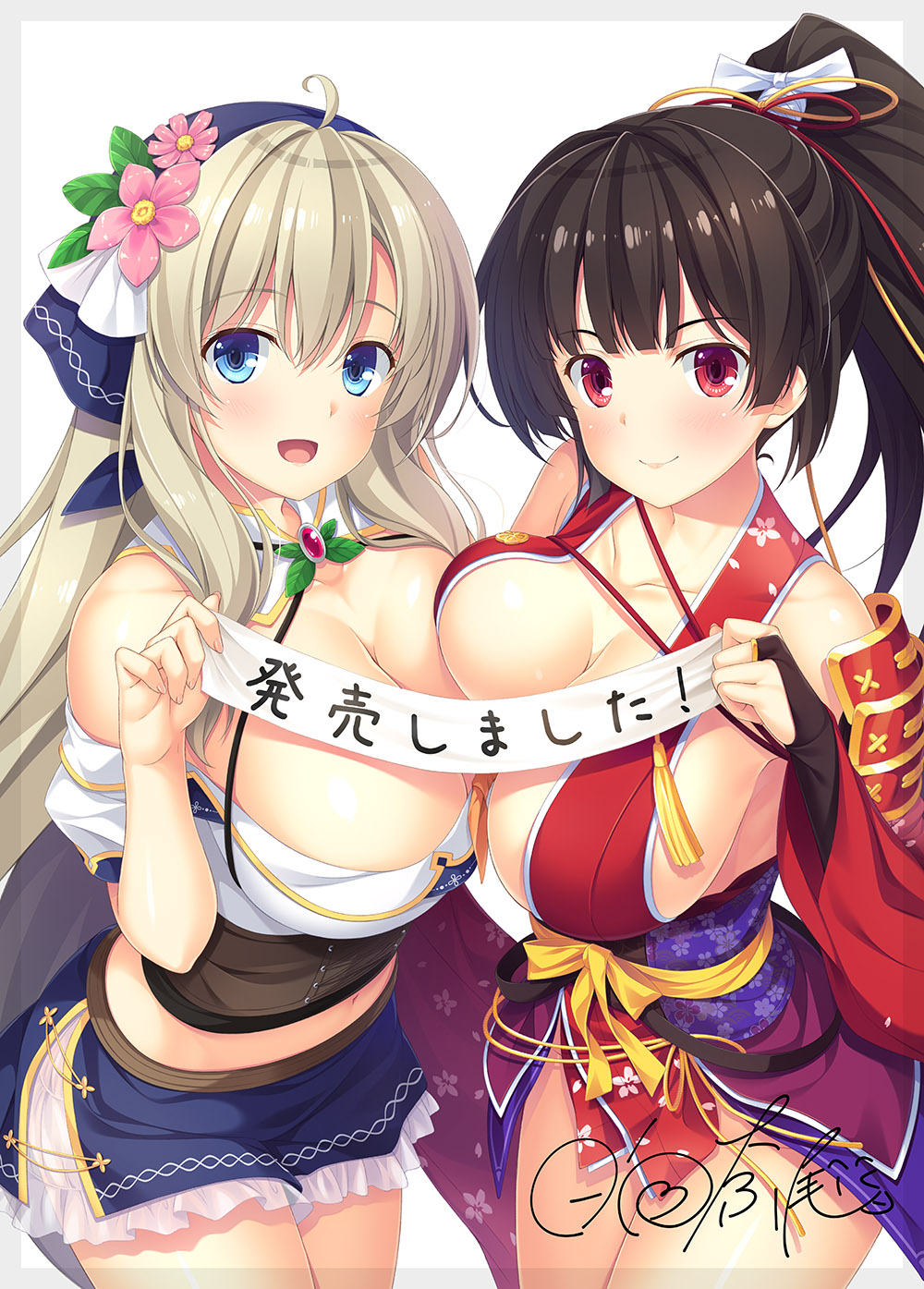 anna_hylitte asymmetrical_docking black_hair blush breast_press breasts bridal_gauntlets cleavage cowboy_shot flower high_ponytail highres hinata_nao holding huge_breasts kashima_hikari looking_at_viewer official_art open_mouth platinum_blonde_hair ponytail sex_open_world_e_youkoso! sideboob signature smile