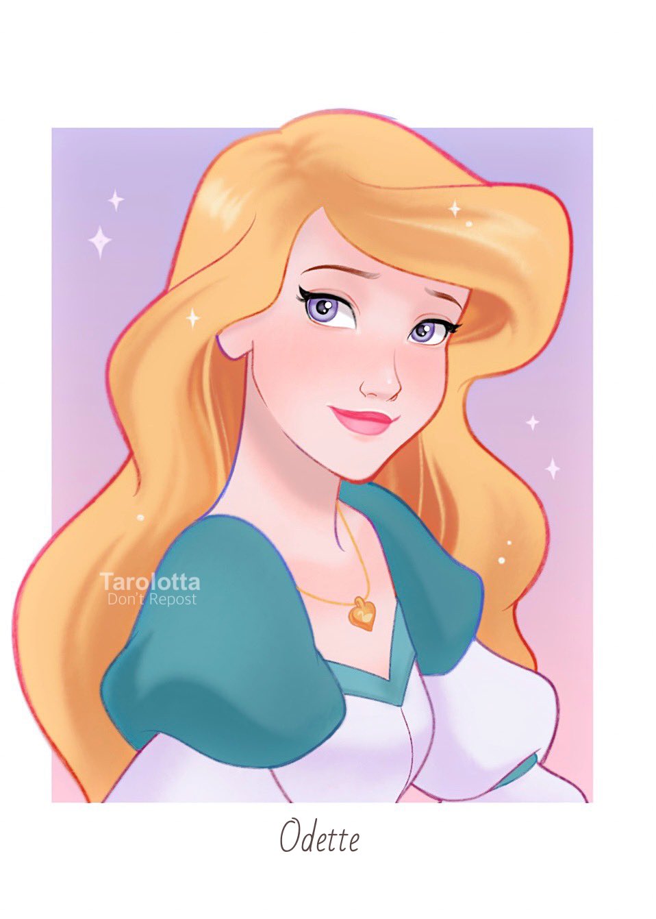 1girl artist_name blonde_hair breasts character_name chromatic_aberration commentary_request from_side highres jewelry locket long_hair medium_breasts necklace odette_(the_swan_princess) pendant pink_lips profile puffy_sleeves purple_eyes smile solo tarolotta the_swan_princess watermark wavy_hair