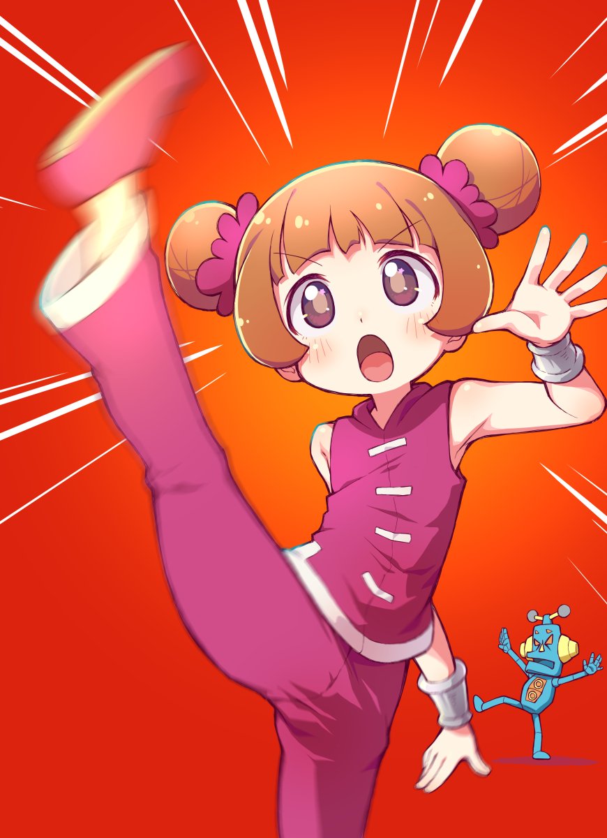 1girl bare_shoulders blush brown_eyes brown_hair cicada_(warioware) commentary_request double_bun emphasis_lines hair_bun high_kick highres kicking leg_up mike_(warioware) motion_blur nintendo open_mouth pants purple_footwear purple_pants purple_shirt red_background robot sakurabe_notos shirt shoe_soles shoes sleeveless sleeveless_shirt solo_focus standing standing_on_one_leg v-shaped_eyebrows warioware
