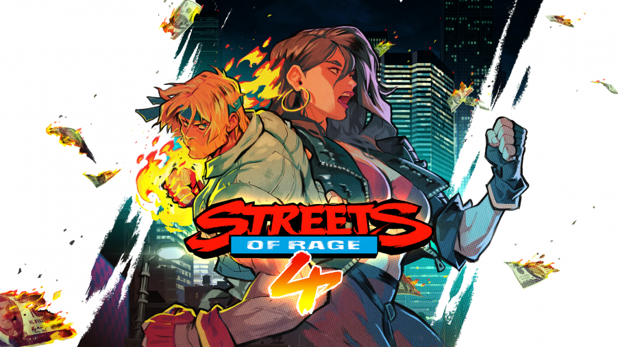1boy 1girl axel_stone blaze_fielding breasts copyright_name earrings fire jewelry large_breasts long_hair money official_art sega streets_of_rage streets_of_rage_4