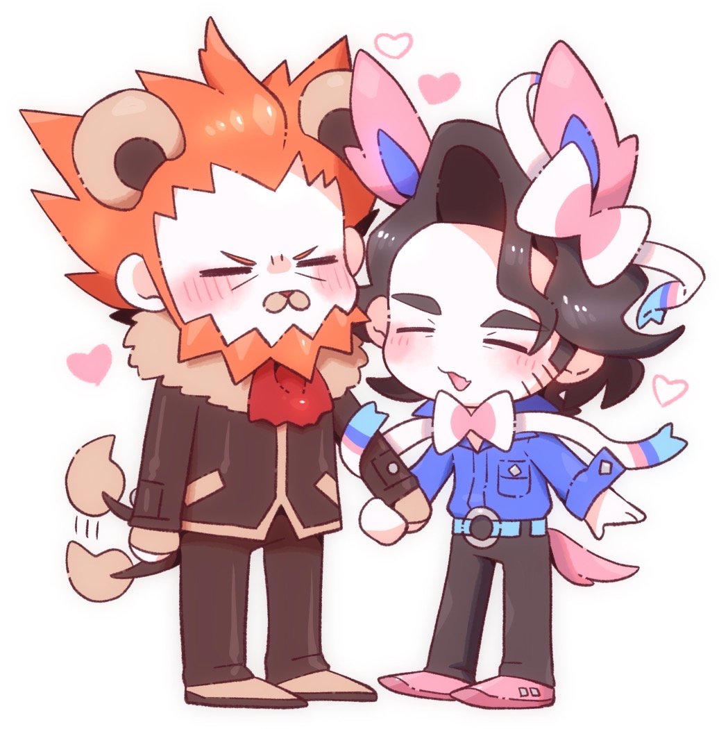 2boys animal_ears augustine_sycamore belt black_hair black_jacket black_pants blue_belt blue_shirt blush chibi closed_eyes cosplay facial_hair fang fur-trimmed_jacket fur_trim gen_6_pokemon gohan_(horth-waribasi) holding_hands jacket long_sleeves lysandre_(pokemon) male_focus multiple_boys nintendo o-ring o-ring_belt open_mouth orange_hair pants pokemon pokemon_xy pyroar pyroar_(cosplay) shirt short_hair sideburns_stubble skin_fang stubble sylveon sylveon_(cosplay) tail tail_wagging thick_eyebrows white_background yaoi