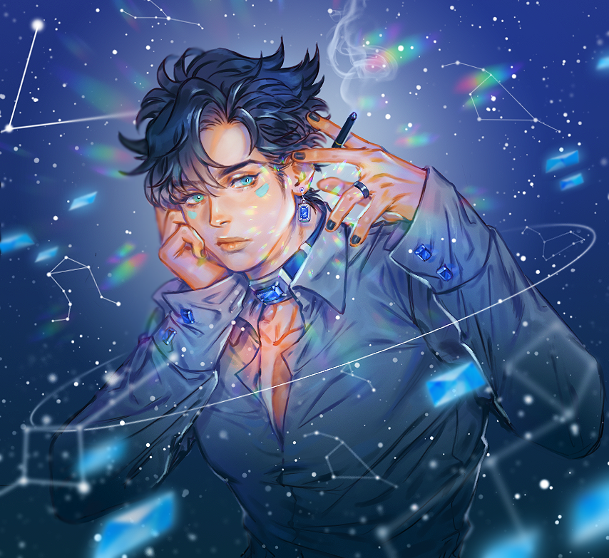 1boy alternate_color alternate_costume alternate_eye_color alternate_hair_color aqua_eyes battle_tendency black_hair blue_gemstone blue_theme caesar_anthonio_zeppeli cigarette closed_mouth collar collarbone collared_shirt commentary commentary_request constellation crystal cuff_links earrings expressionless facial_mark gem hair_between_eyes hand_on_own_cheek hand_on_own_face hand_up head_rest holding holding_cigarette homil22 jewelry jojo_no_kimyou_na_bouken korean_commentary leo_(constellation) libra_(constellation) long_sleeves male_focus nail_polish no_headband no_headwear open_collar refraction ring shirt short_hair sleeve_cuffs smoke solo star_(sky) symbol-only_commentary taurus_(constellation) upper_body