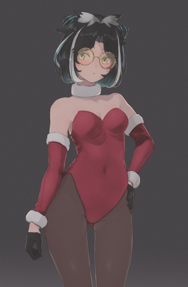 1girl alternate_costume animare atsushima black_gloves black_hair blue_hair brown-framed_eyewear brown_pantyhose commentary_request cone_hair_bun covered_navel cowboy_shot detached_sleeves fur-trimmed_sleeves fur_collar fur_trim gloves grey_background grey_hair hair_bun hand_on_own_hip leotard looking_at_viewer multicolored_hair nanashi_inc. open_mouth oura_rukako pantyhose parted_bangs red_leotard red_sleeves round_eyewear short_hair simple_background solo streaked_hair sunglasses tinted_eyewear virtual_youtuber yellow-tinted_eyewear